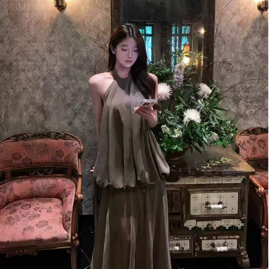 2025夏季新款纯欲复古时尚套装简约别致无袖上衣女配显瘦半身裙