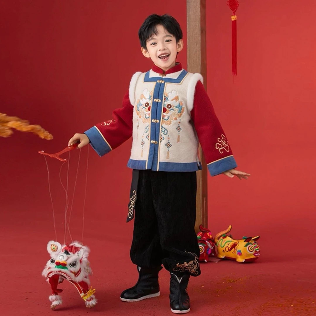 旗铂-吉祥探春 2024新款男童拜年服秋冬儿童汉服冬装男宝国风唐装