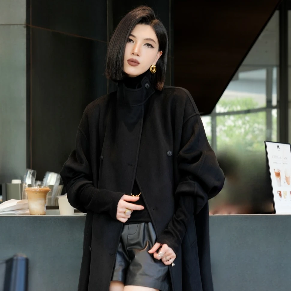 POPULARYW【浮游诗意】Z·R上品屋 立领双排扣A字毛呢长款大衣