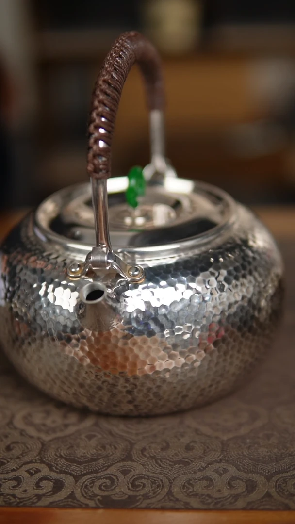 足银999纯手工一张打提梁1L烧水壶