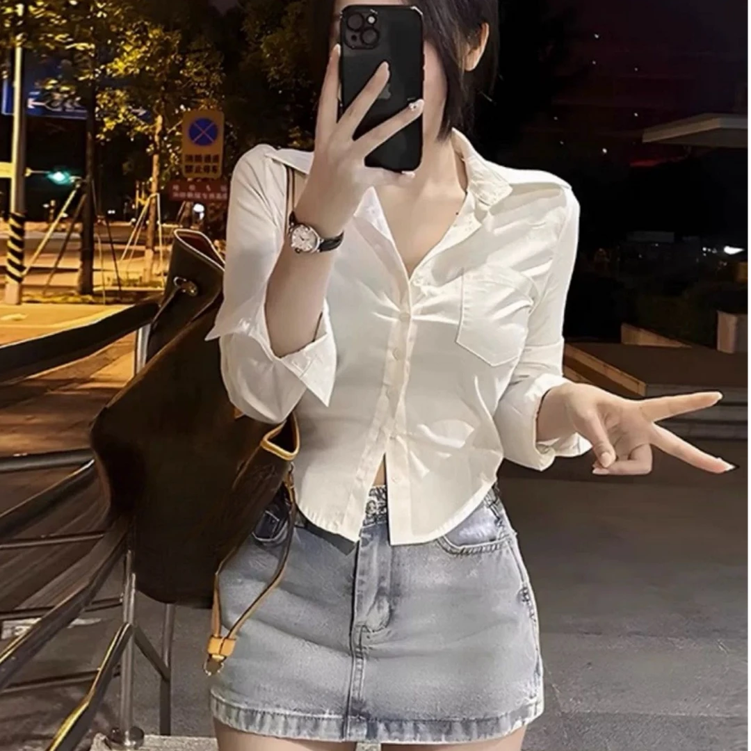 (直播链接）12气质长袖白色洋气短款百搭性感时尚显瘦修身体恤