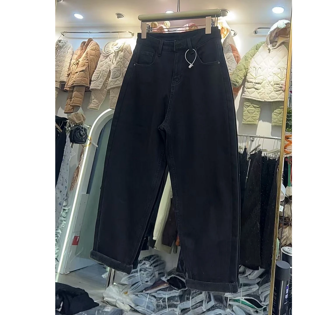 6507#秋冬新款休闲百搭加绒牛仔高腰老爹裤大码