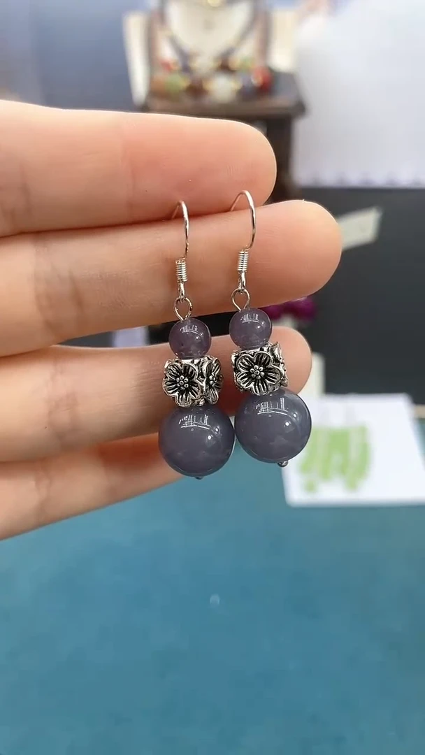 紫晶耳饰银S925镶嵌12mm烟紫四面花