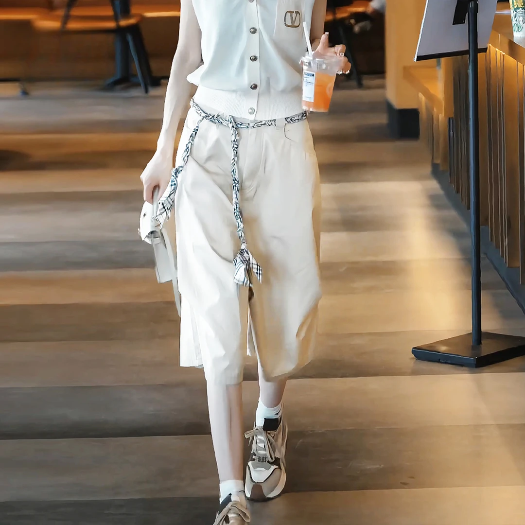 夏季薄款休闲七分裤女宽松阔腿设计感绑带高奢休闲风中裤短裤女