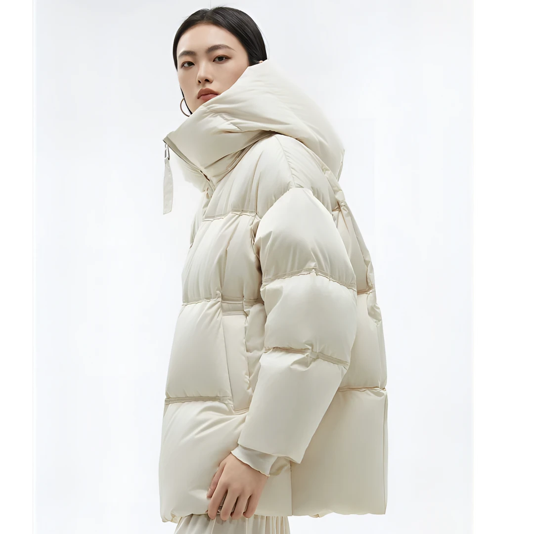 缎面珠光90白鹅绒300g连帽宽松潮流韩版情侣中长款羽绒服68F29