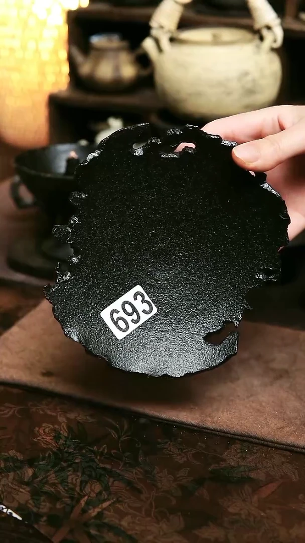 紫砂全手工镂空黑色壶承14厘米左右