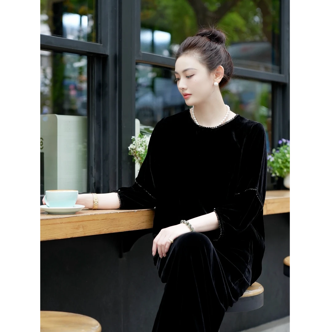 钻圈圈桑蚕丝极简风新中式薄款优雅大气宽松上衣蝙蝠袖衬衫钉珠