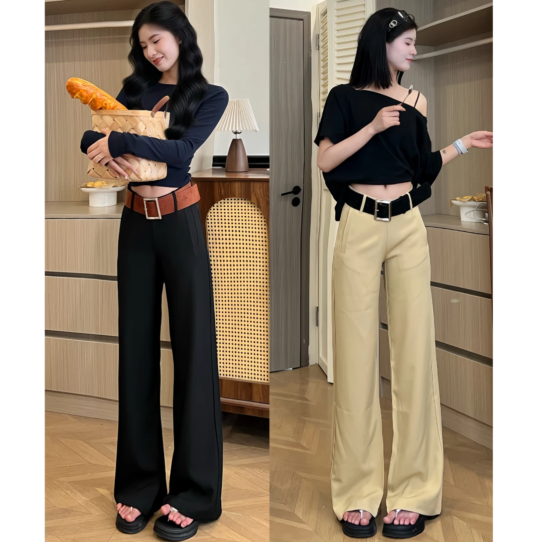 黑色中腰2025休闲女春夏卡其长裤宽松阔腿拖地喇叭黑色西装裤