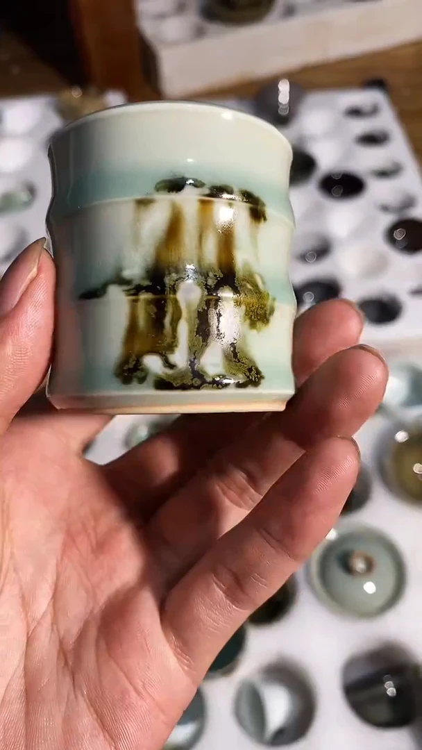 【山隐青瓷】龙窑柴烧杯子 点彩粉青竹节杯 40CC