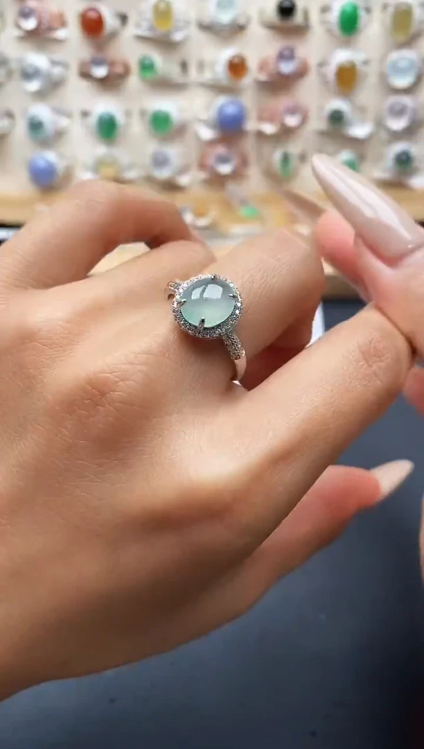 银S925镶嵌戒指翡翠缅甸天然A货翡翠1 2-8