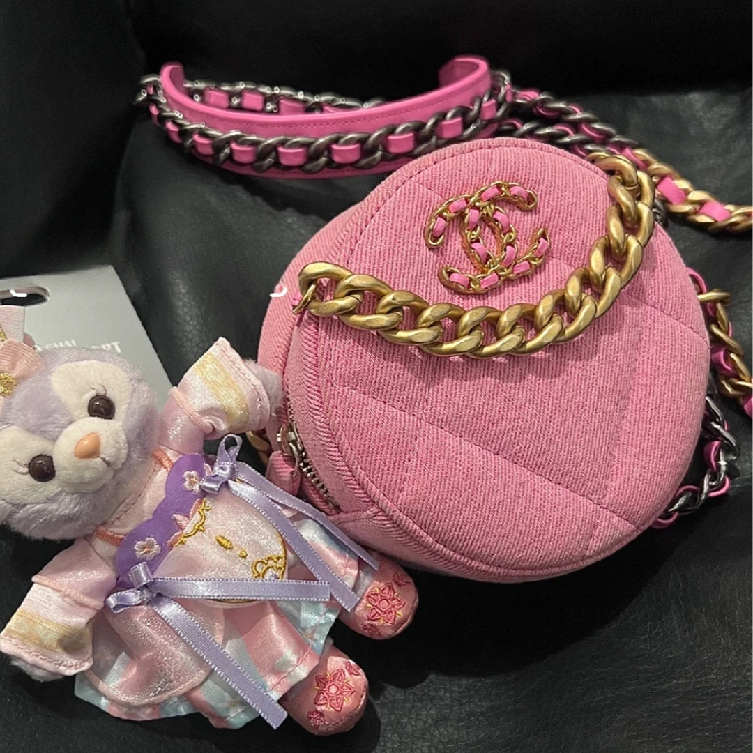 95新 Chanel/香奈儿 小花Jerry活动19BAG 小圆饼包 粉色 帆布31开