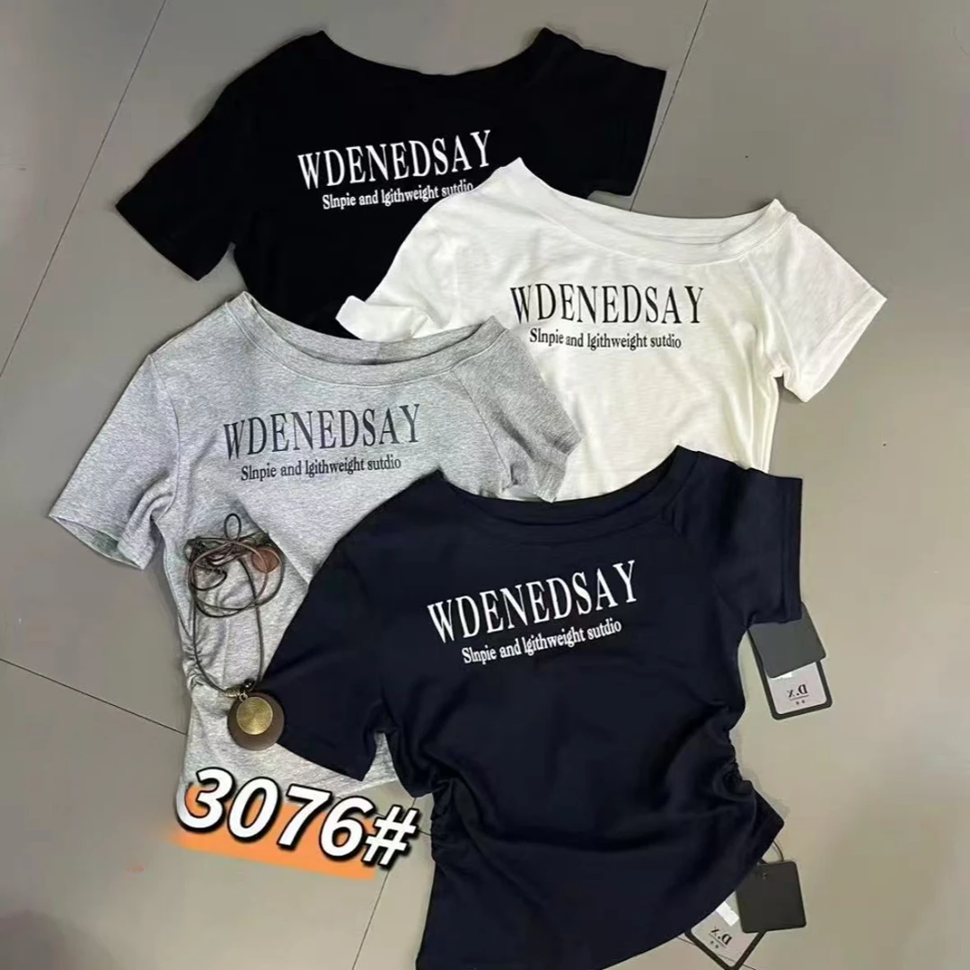 李园家2号店-3076-辣妹风短袖U型领吸汗短款T恤潮流时尚印花