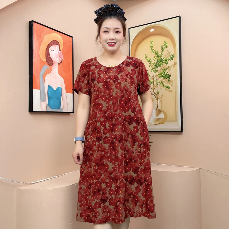 中年妈妈夏装连衣裙洋气新款中老年女士夏季显瘦短袖碎花宽松裙子