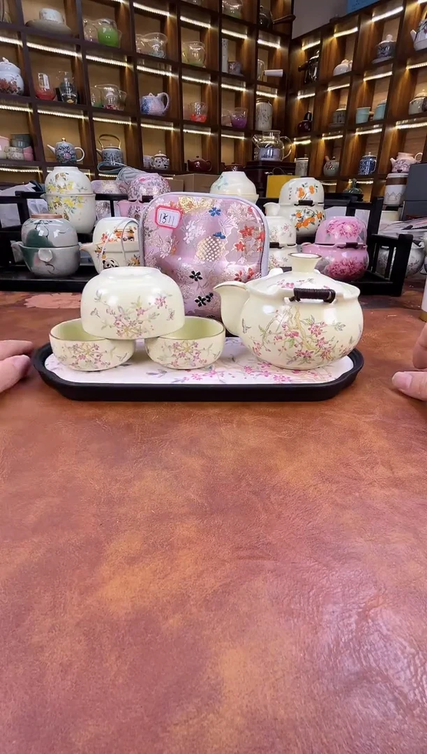 瓷片桃花1壶3杯宝瓶旅行+长方桃花盘