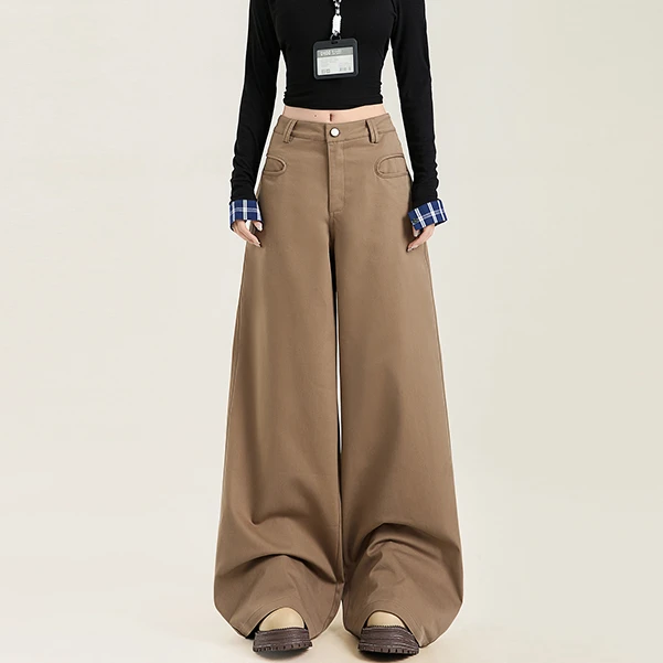 PVJ卡其色高级垂感宽松休闲裤女2025春秋高腰显瘦直筒拖地阔腿裤