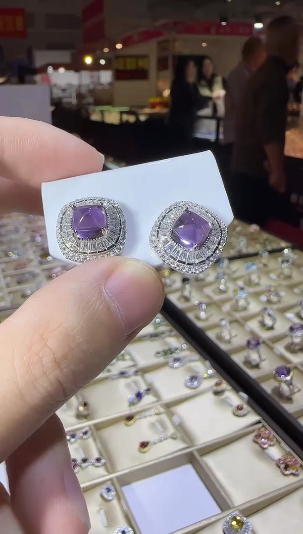 银S925镶嵌耳饰紫晶糖塔耳钉6mm