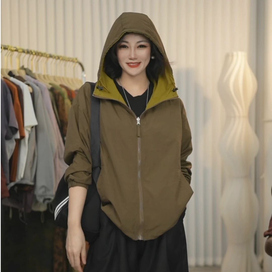 （双面穿撞色设计）休闲透气抽绳洋气设计款连帽宽松春秋外套05