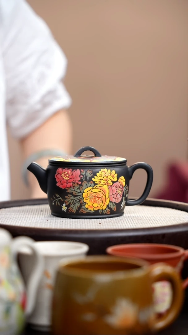 茶壶紫砂云雾天青汉瓦泥绘牡丹