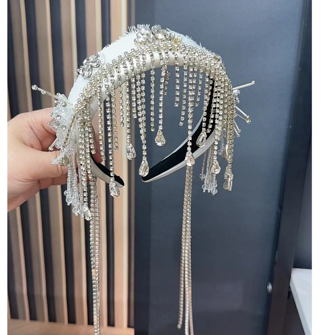 JINLING时尚重工洋气珍珠水钻发箍女气质优雅长流苏个性刺绣头箍