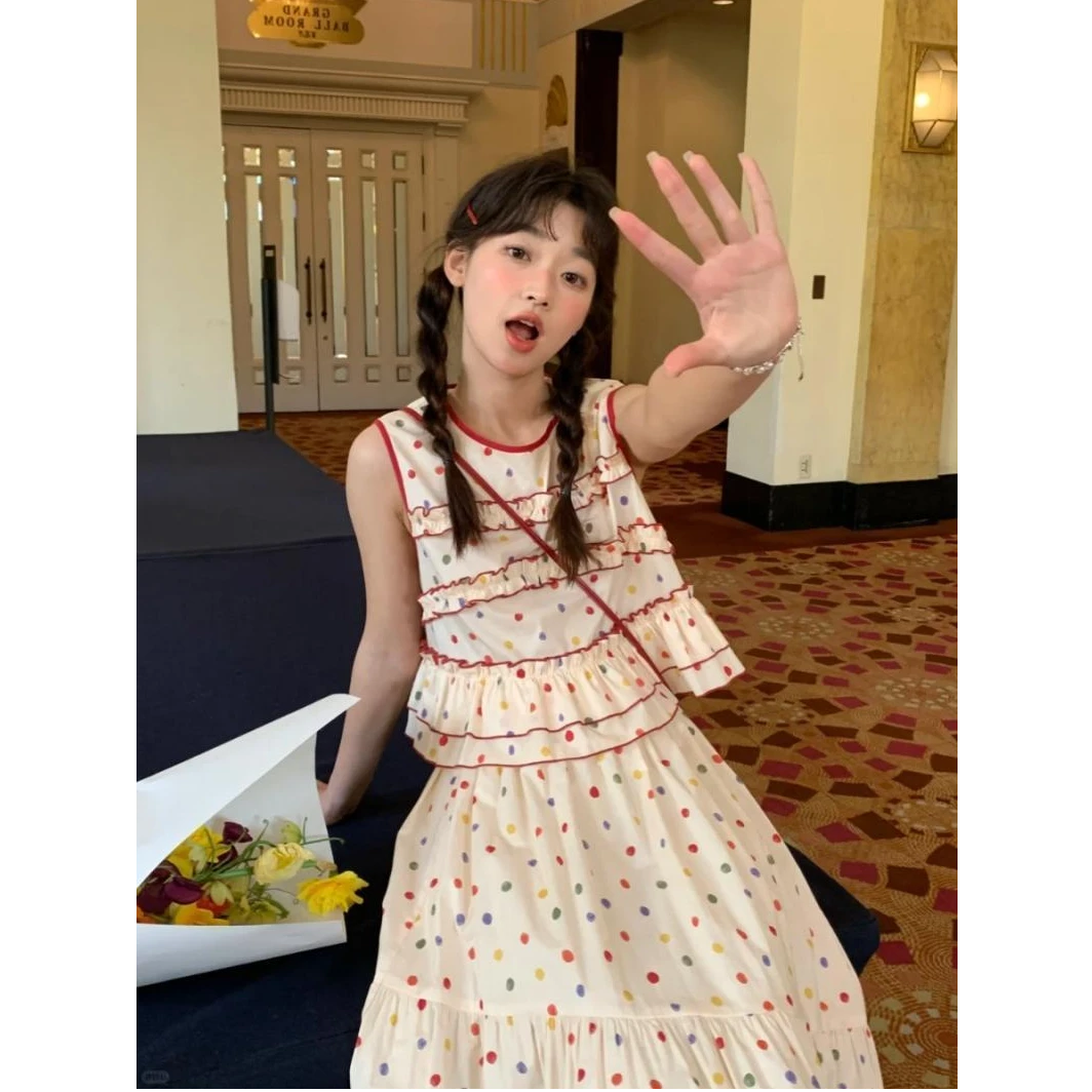 校供温柔风荷叶边甜美森女套装女花边拼接上衣波点半身长裙两件套