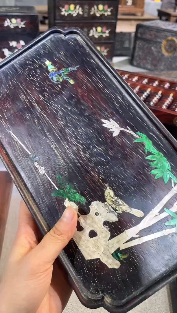 木紫檀竹子鸟茶盘