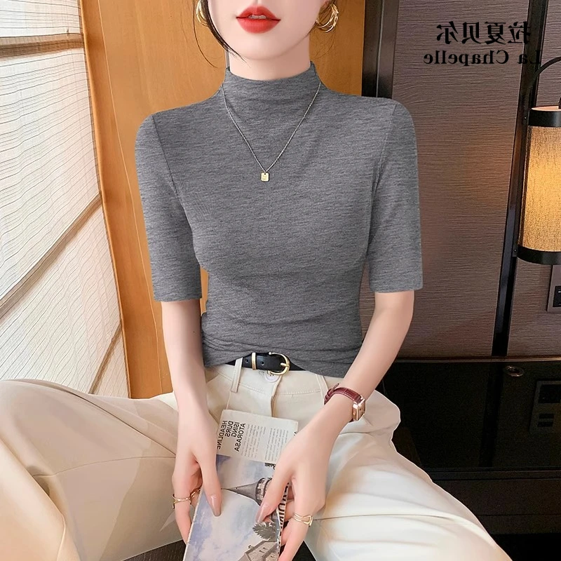 La Chapelle/拉夏贝尔气质半高领中袖t恤女夏季半袖打底衫洋气ins