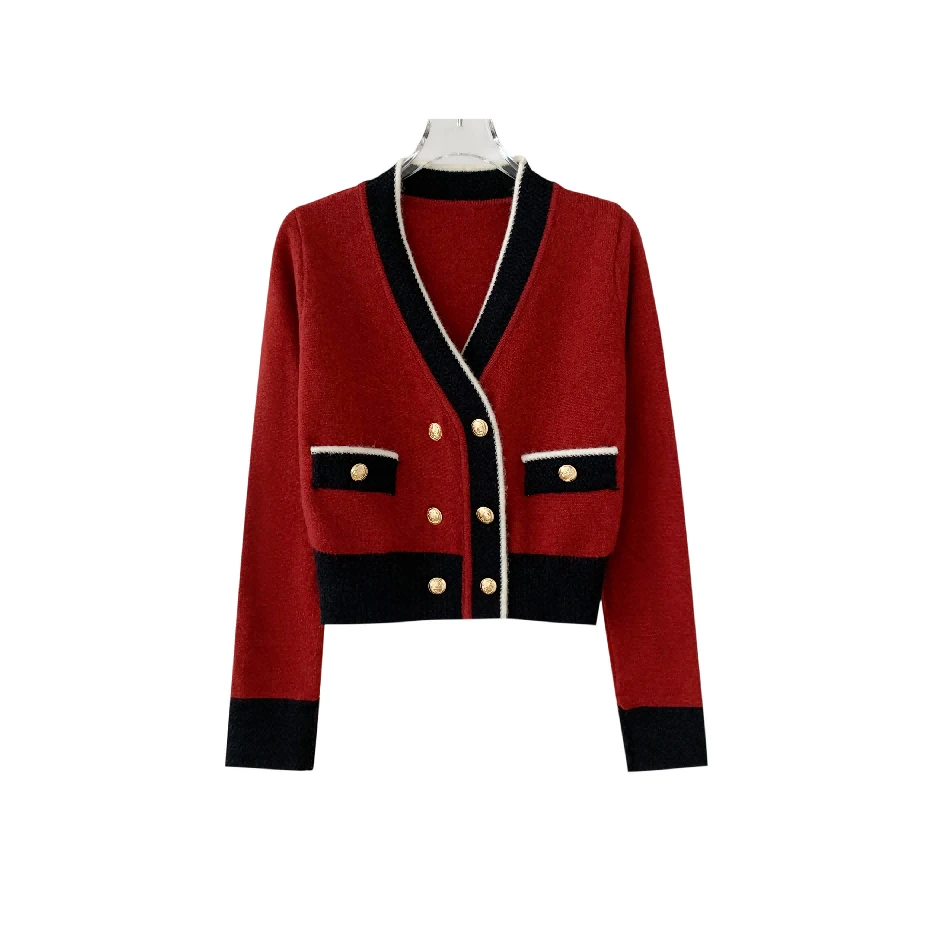 6133秋冬季休闲V领撞色短款长袖毛衣开衫外套女修身百搭女