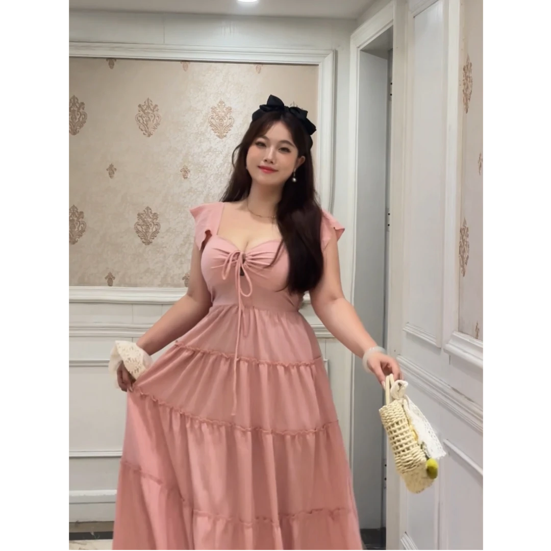 pinkmoon微胖甜美风方领抽绳褶皱收腰气质女连衣裙公主夏季显瘦