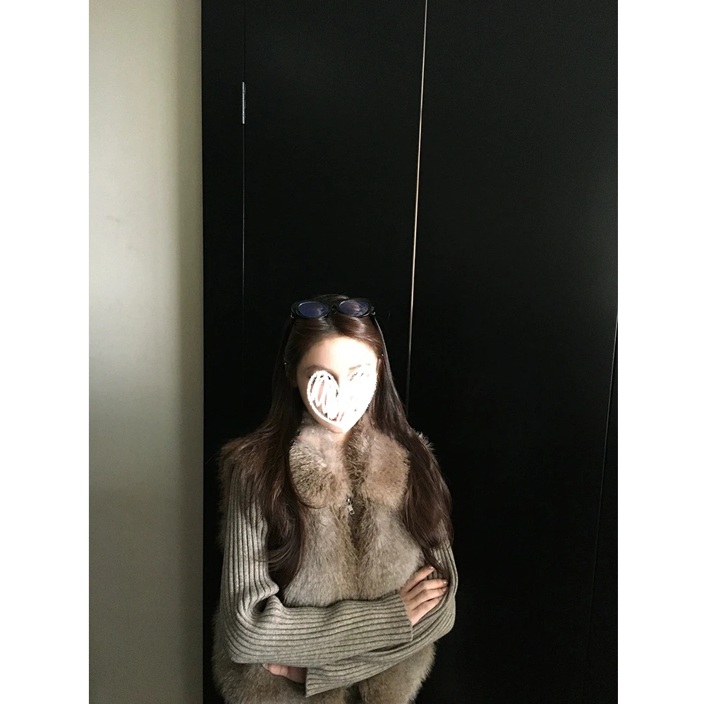 毛绒绒仿皮草短款外套女秋冬可拆卸袖子针织拼接设计感#W5381