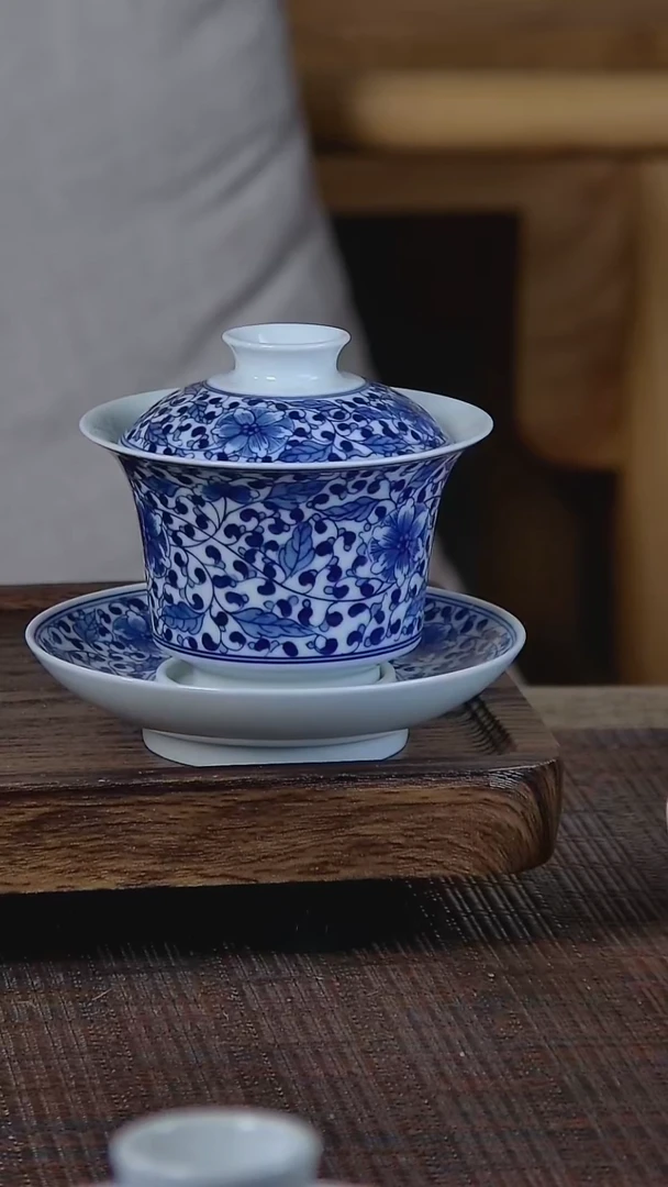 【闪购商品】折葵非器手工手绘缠枝尾马蹄三才盖碗