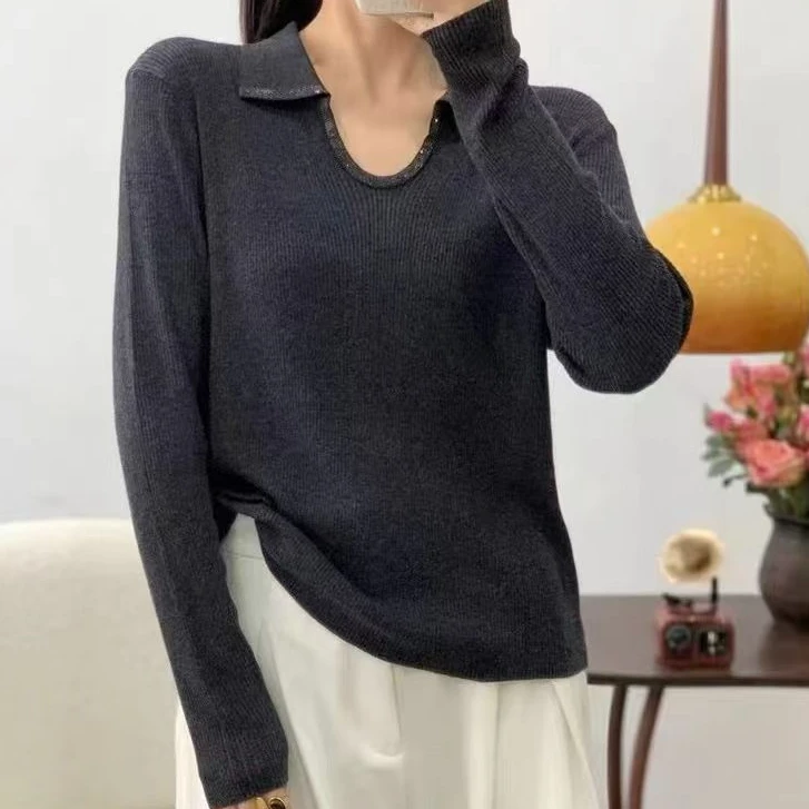 翻领打底衫休闲显瘦百搭针织衫薄款毛针织衫女时尚打底衫毛衣