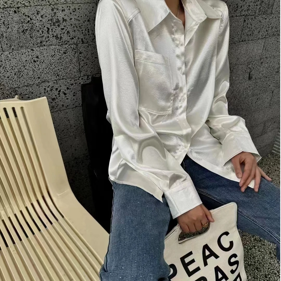 韩版垫肩醋酸缎面长袖衬衫白色百搭简约女衬衫女款外穿305时尚