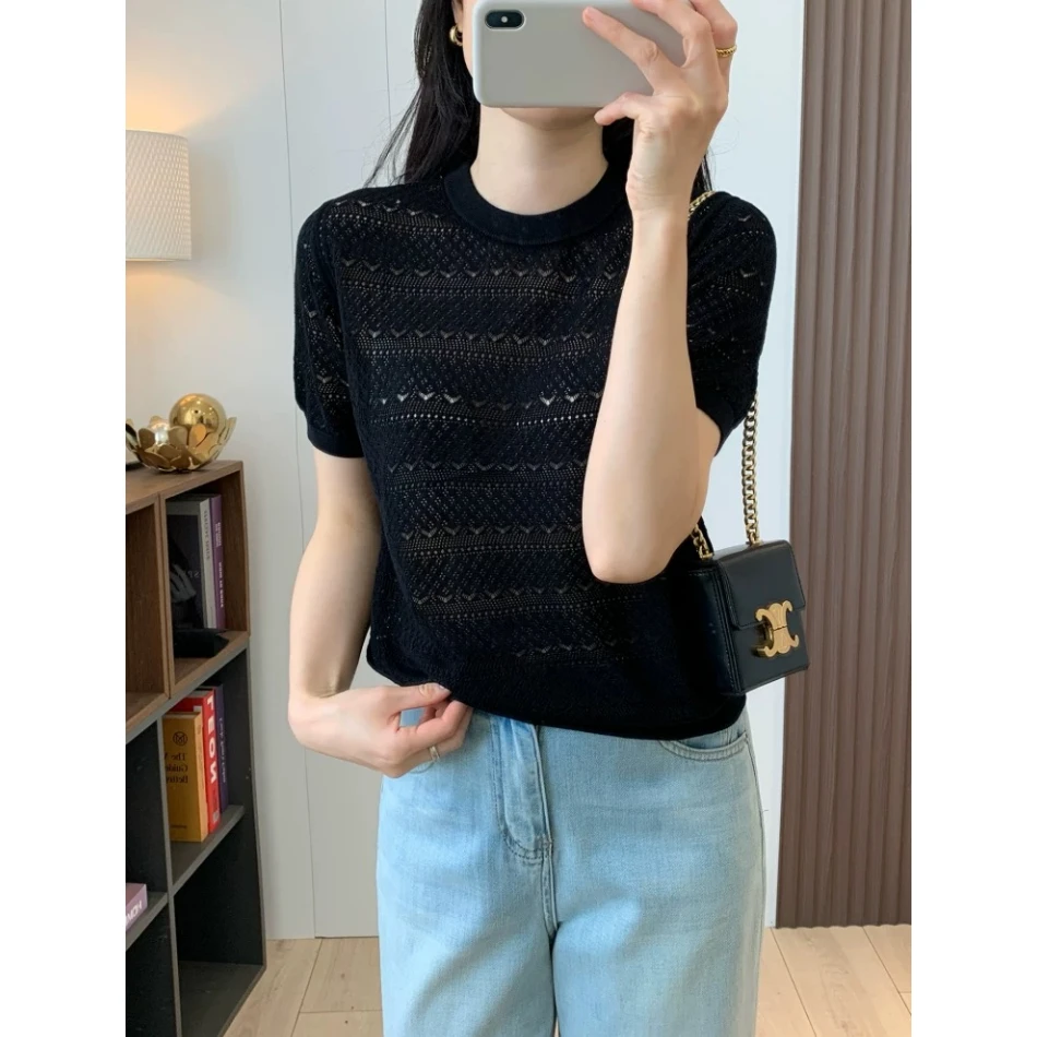 3314【圆领钩花镂空针织衫】夏季新款韩版女士简约气质上衣