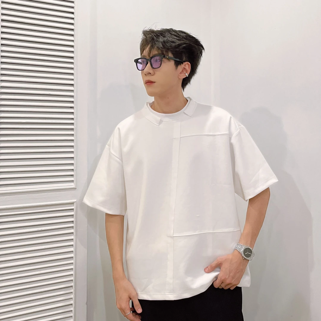 个性双层领拼接设计高级感轻奢痞帅男装短袖t恤夏季宽松美式半袖