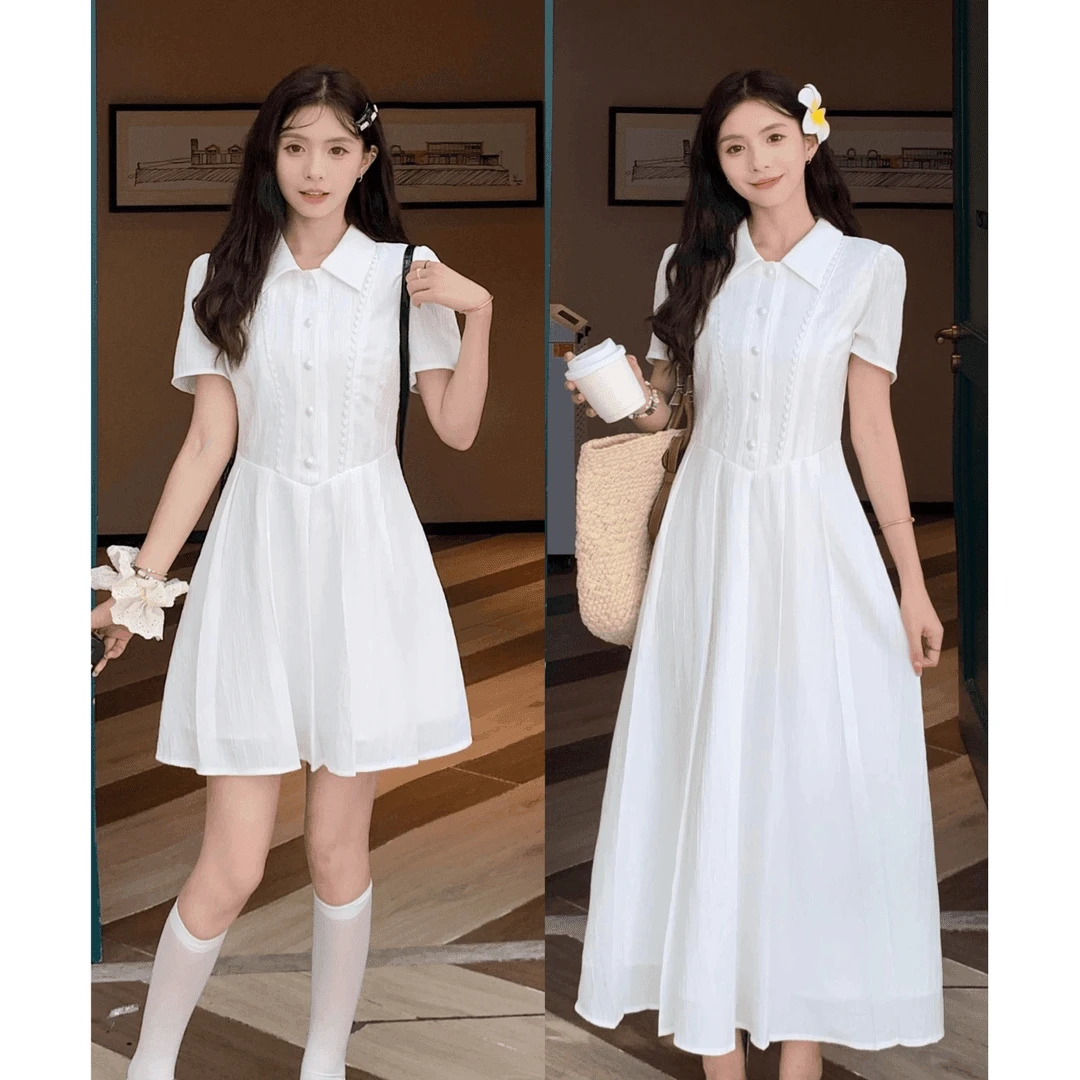 【现货】大码连衣裙学院风白色短袖衬衫裙收腰高级感甜美9274