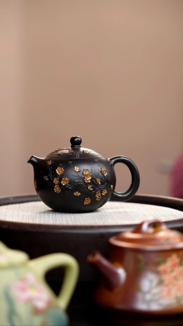 茶壶紫砂捂灰朱泥描金梅花河豚西施