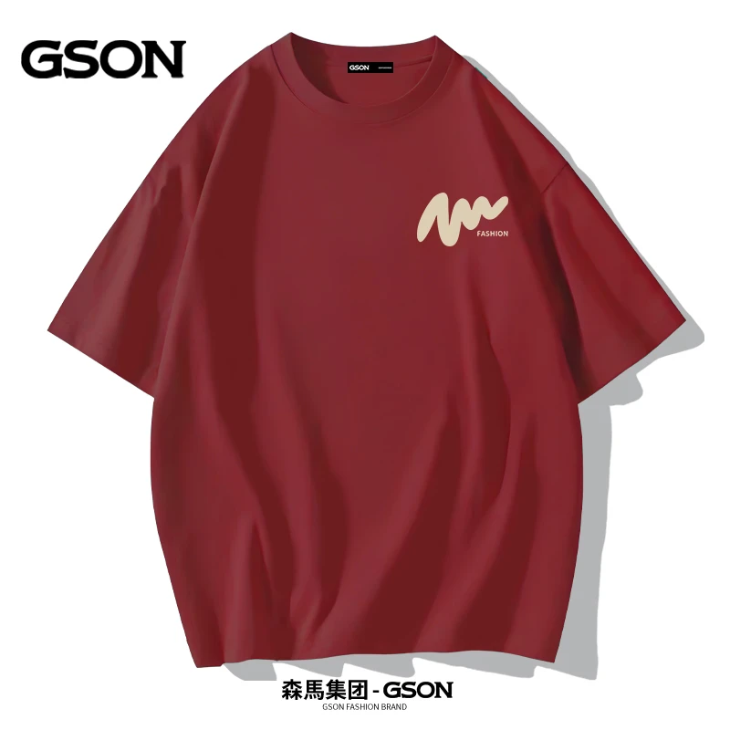 【尧哥专属推荐】GSON潮流纯棉宽松短袖新年款半袖-胸标杏波浪-