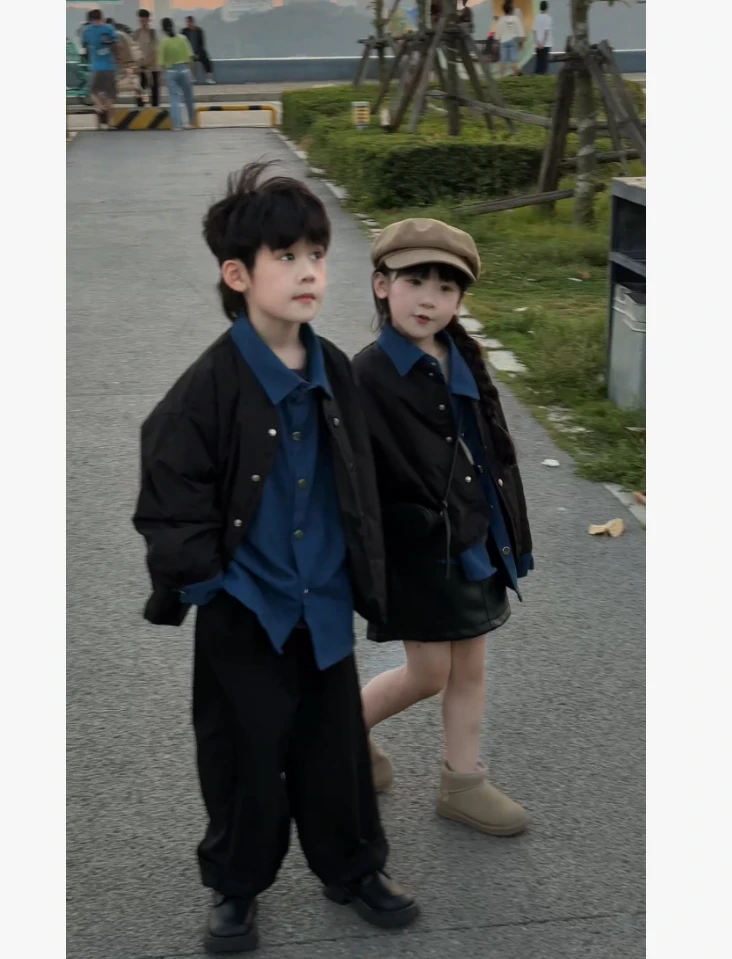 【兄妹款】儿童假两件森系休闲风翻领常规款男拼色棉服潮酷保暖酷风