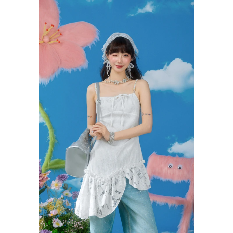 DUBZZY【郊游画报】原创设计感小众蕾丝不规则吊带上衣女B168S25Z