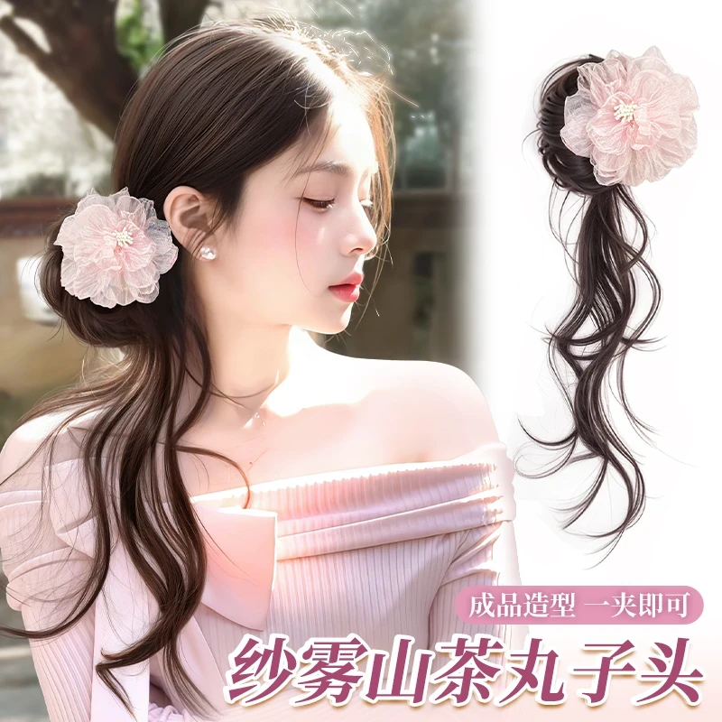假发女款山茶花丸子夹龙须假发丸子假发一体式