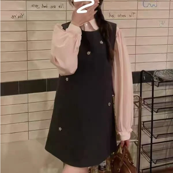 新款韩系甜美圆领无袖加厚呢子背心裙+叠穿长袖衬衫套装
