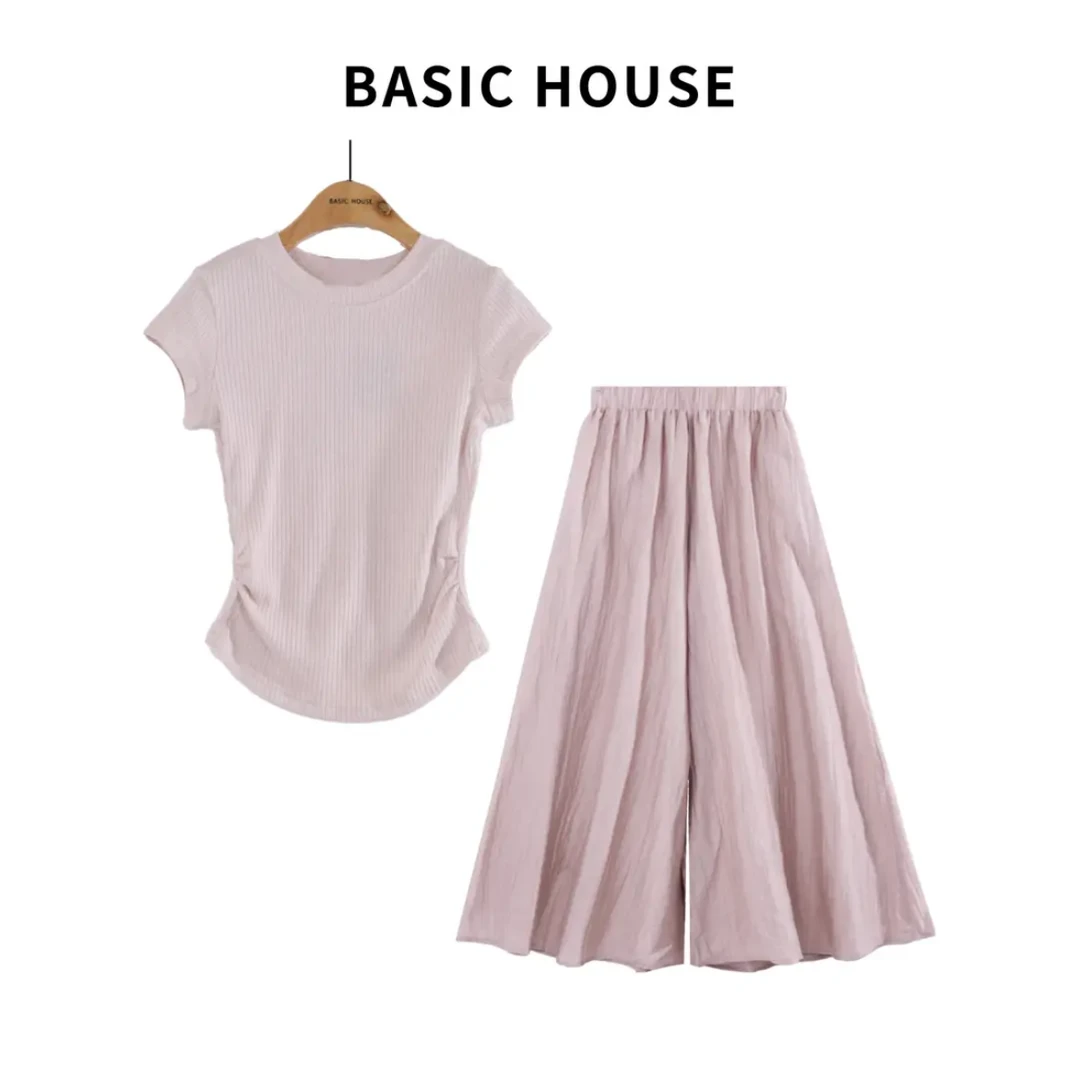 Basic House/百家好JH时尚欧若风休闲短袖上衣垂感宽松阔腿裤套装