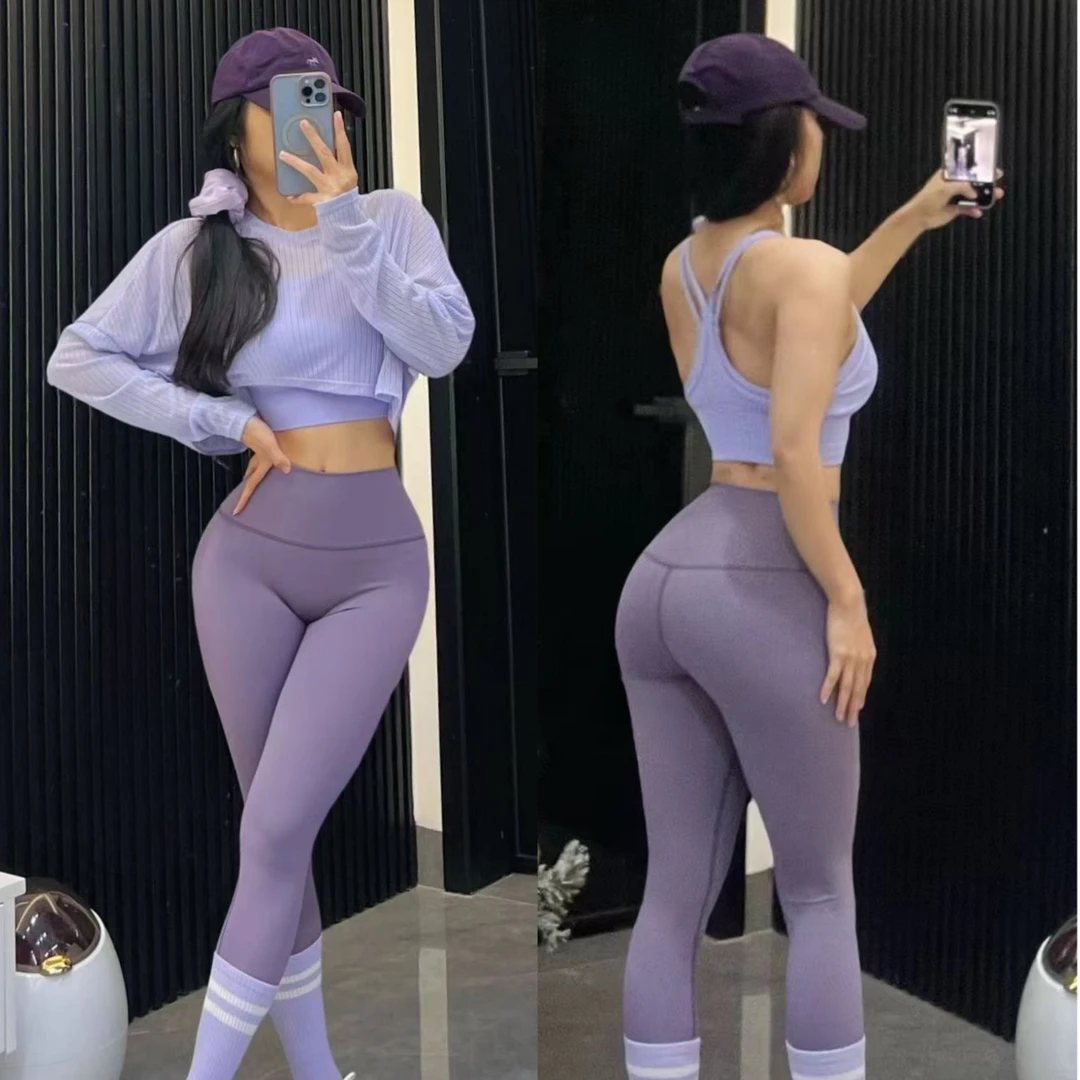 【大严家】紫色运动套装健身瑜伽跑步假两件美背透气长袖高腰裤子