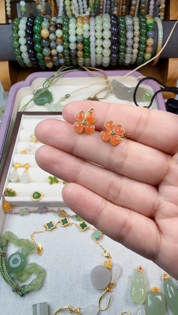 银S925镶嵌南红玛瑙耳饰萌***~耳钉