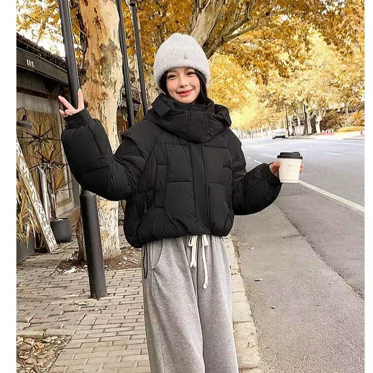 长袖连帽宽松运动单排扣棉服