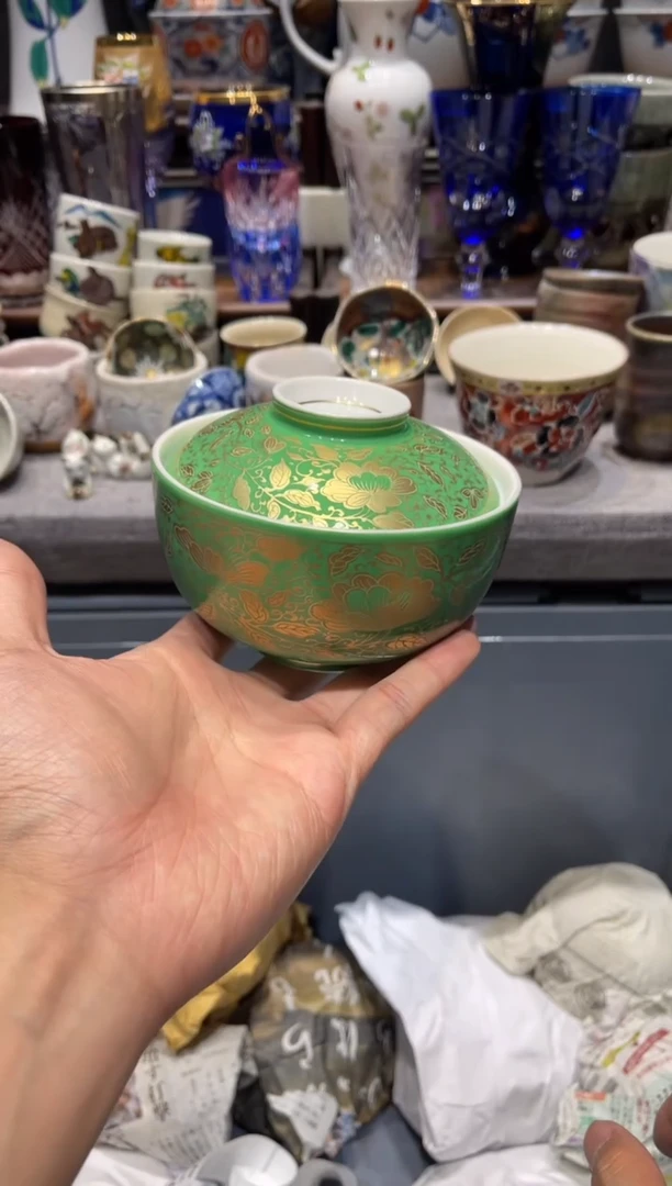 瓷片桔吉金蓝首盖碗 轻微划痕