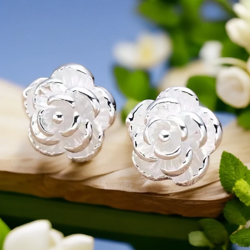 足银耳饰 足银耳饰 足银玫瑰花耳钉 时尚民族风精致百搭耳饰