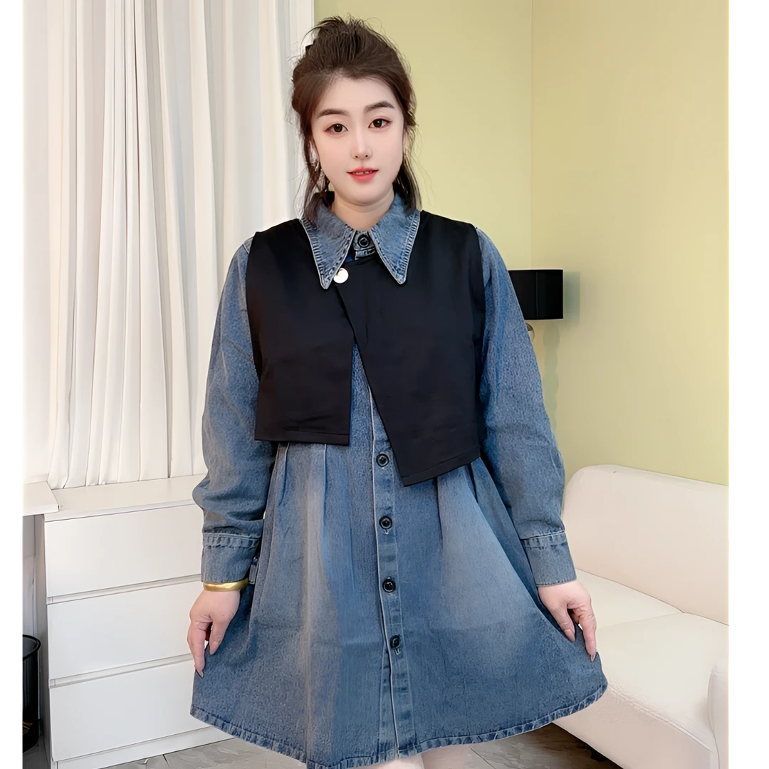 大码女装时尚牛仔裙子马甲两件套2025春季新款遮肉显瘦3262