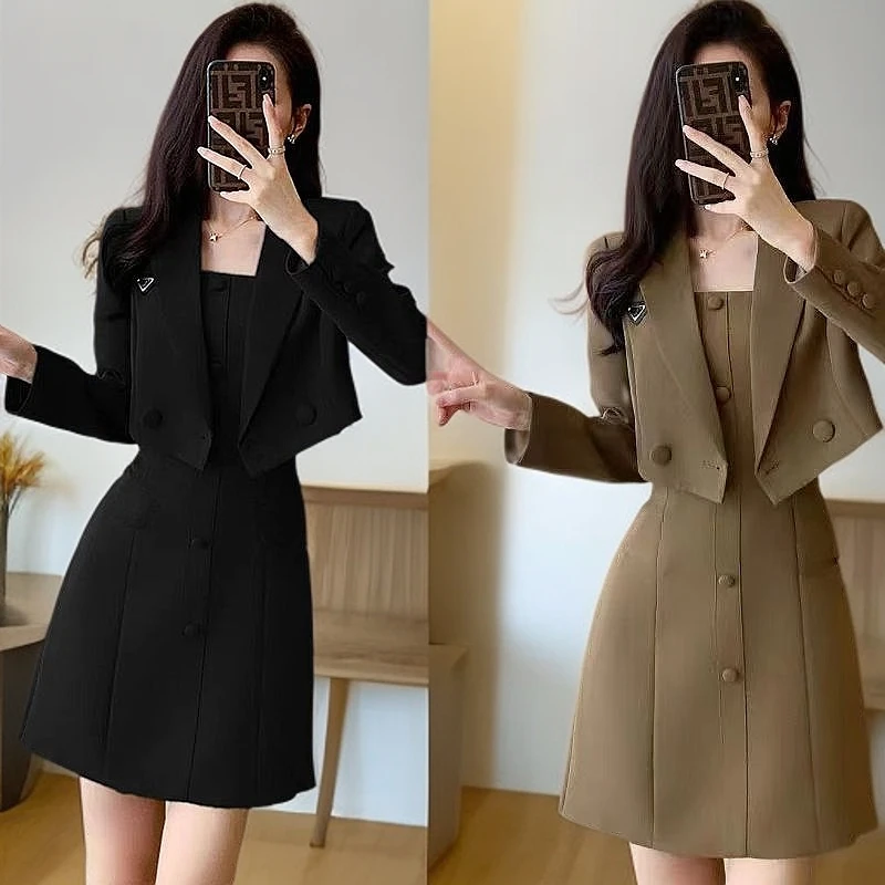 有垫肩小西装女2024秋季新款洋气显瘦吊带连衣裙气质时尚套装