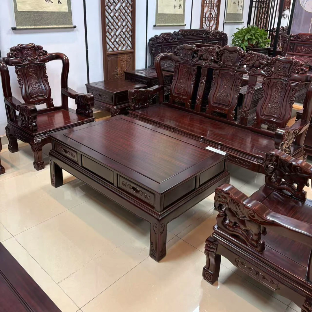 南美酸枝 象头战国沙发中小户113五件套雕花占地总尺寸：3.2m*2m